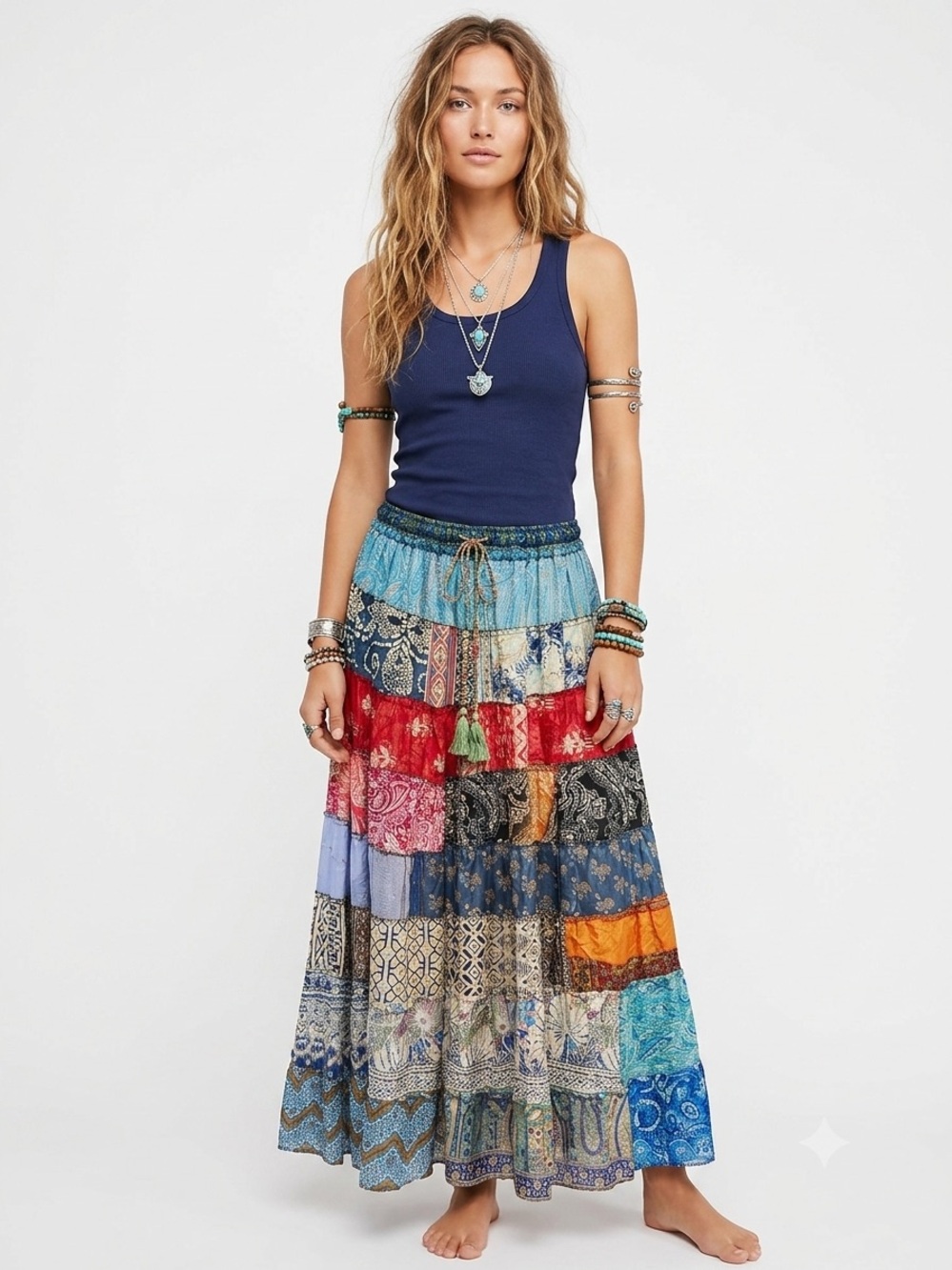 10. Boho Patchwork Sari Silk Maxi Skirt Festival Hippie Gypsy One Size India